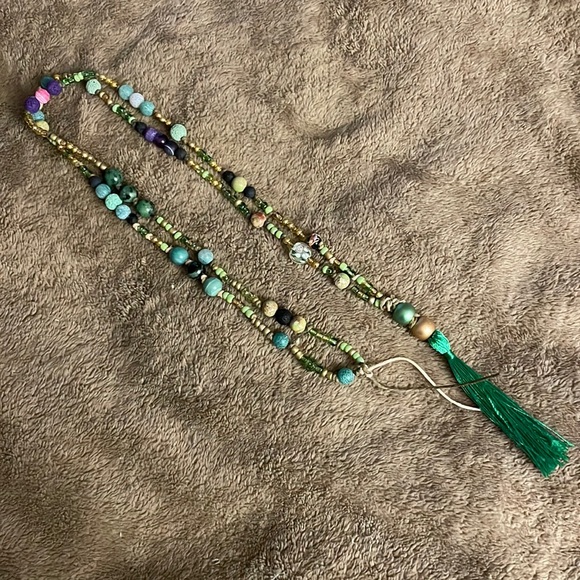 Handmade, Artisan, Boho, Upcycled, Hemp Cord, Beaded, Tasseled Necklace - Picture 2 of 8